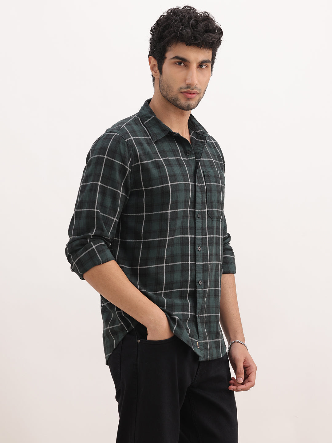 Slim Fit Checkered Full Sleeve Shirt | Dark Green