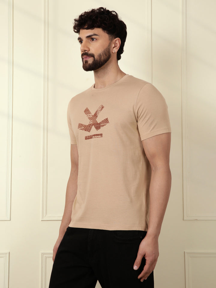 Flock Printed Slim Fit T-Shirt | Beige