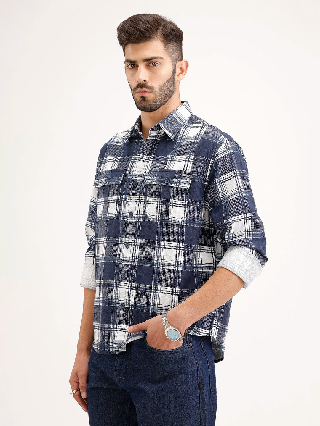 Comfort Fit Double Pocket Checkered Shirt | Blue