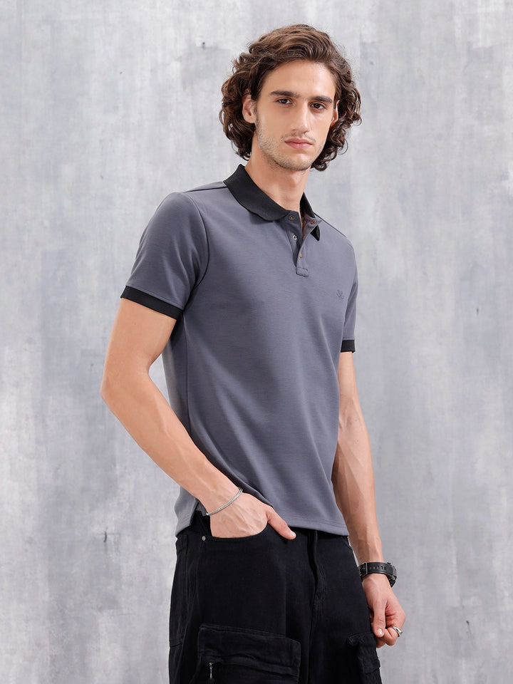 Men Slim Fit Polo Collar T-Shirt With Contrast Collar | Dark Grey
