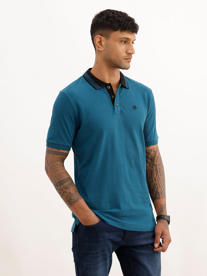 Solid Slim Fit Jacquard Collar Polo T-Shirt | Teal