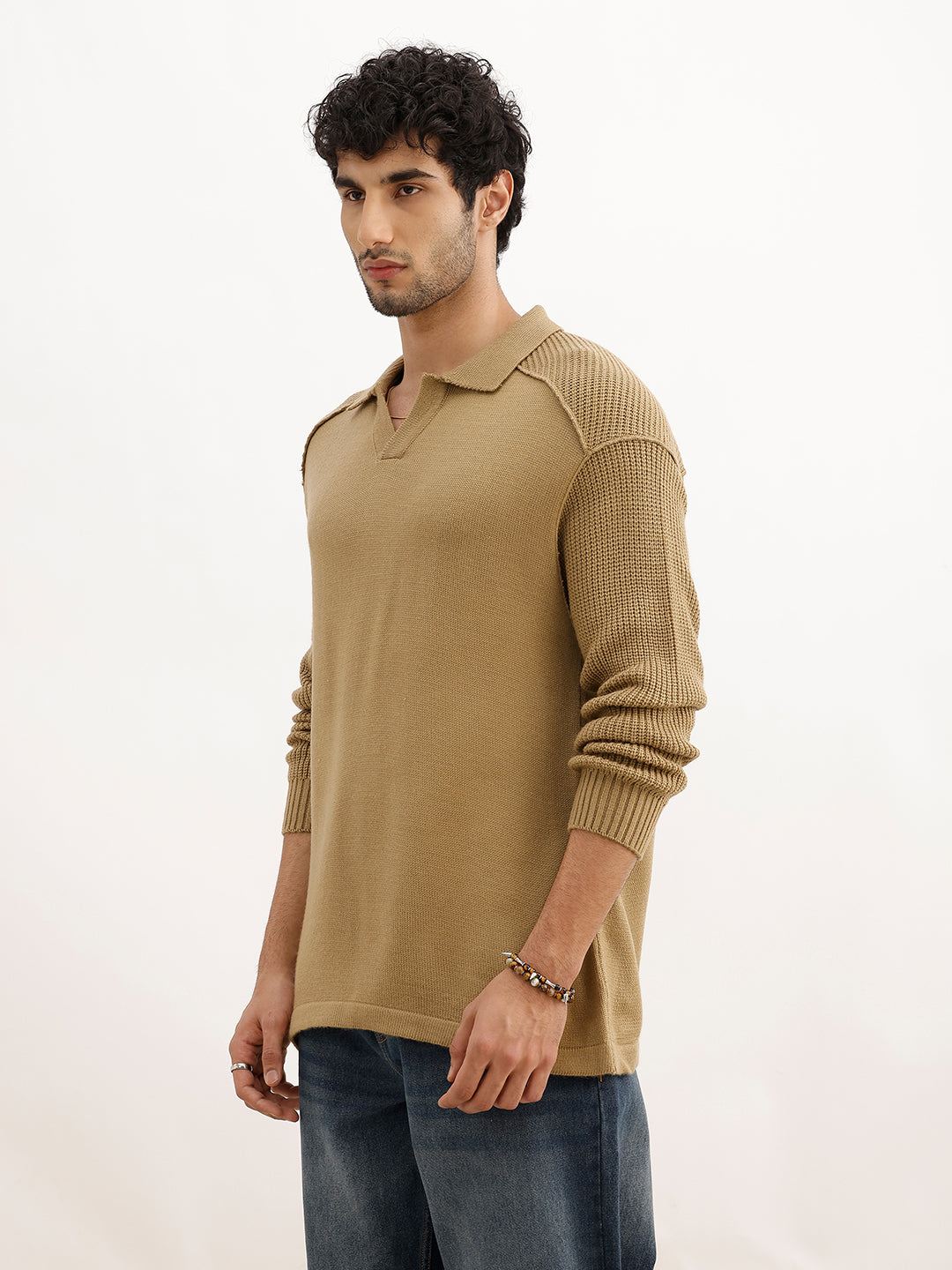 Oversized Contrast Collar Knitted Sweater | Beige