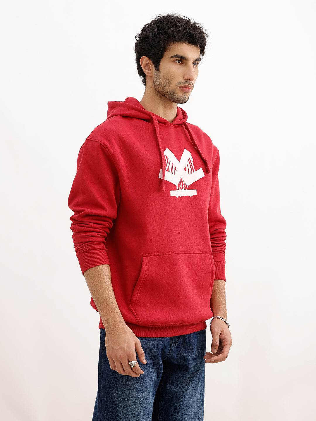 Oversized Placement Printed Hooded Sweatshirt | Red