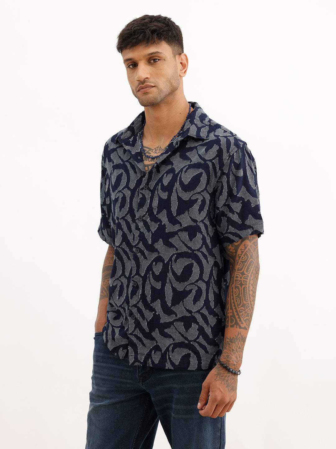 Classic Comfort Fit Jacquard Shirt | Navy Blue