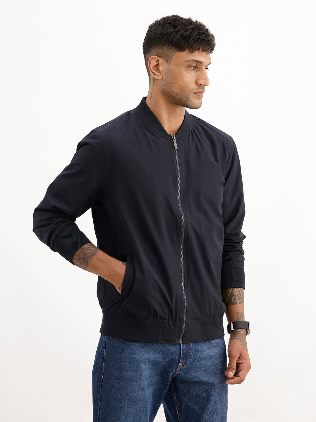 Solid Regular Fit Zipper Jacket | Navy Blue