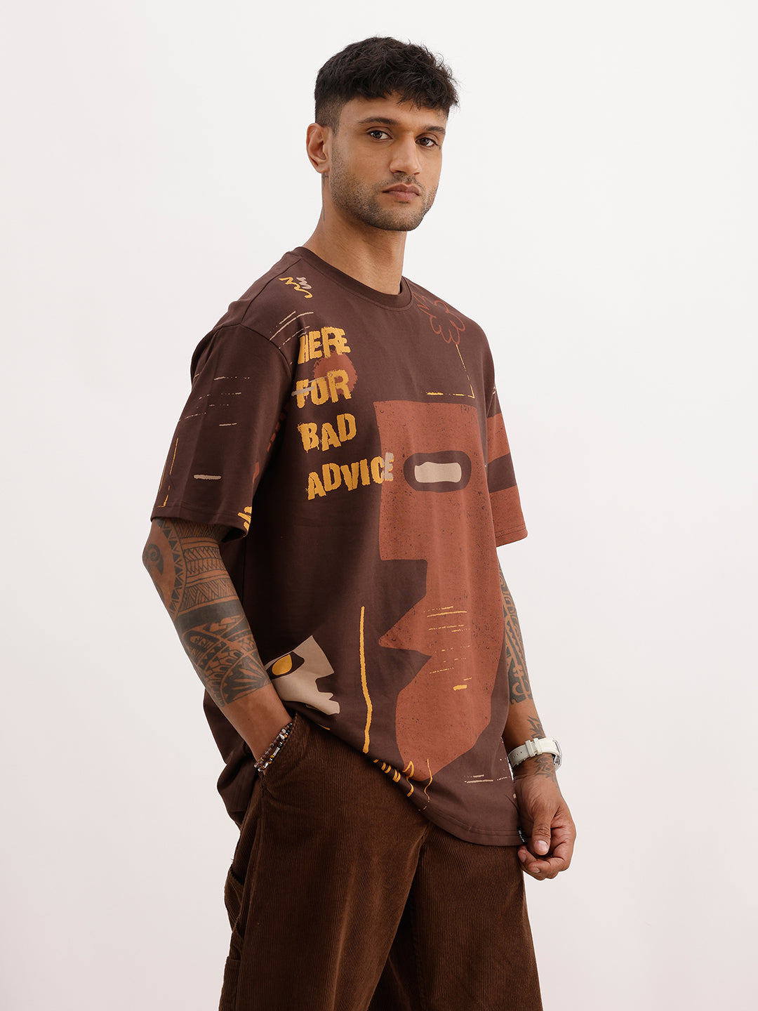 Oversized Placement Printed T-Shirt | Brown