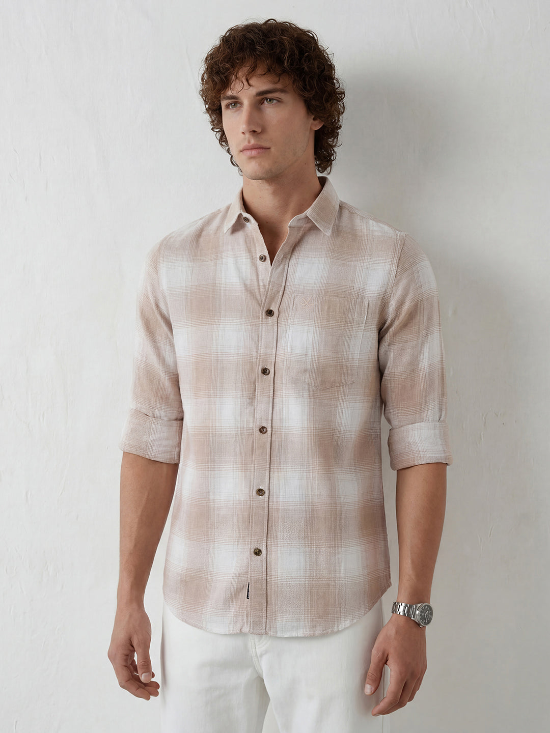 Classic Regular Fit Checkered Shirt | Beige