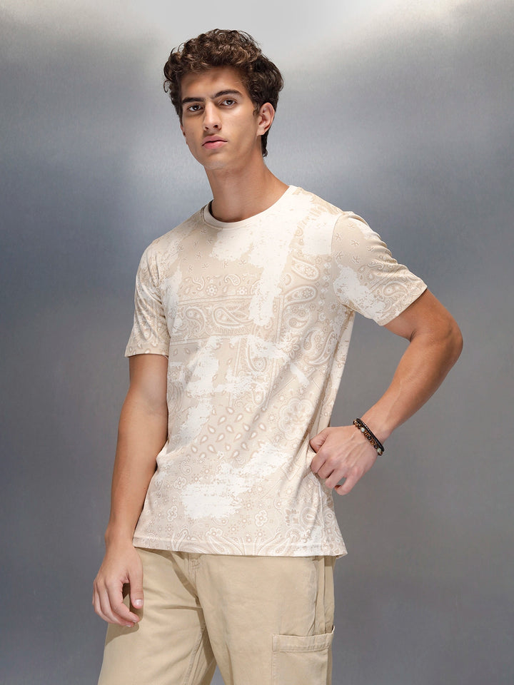 Men's slim fit Casual Tshirt with Paisley AOP  | Beige