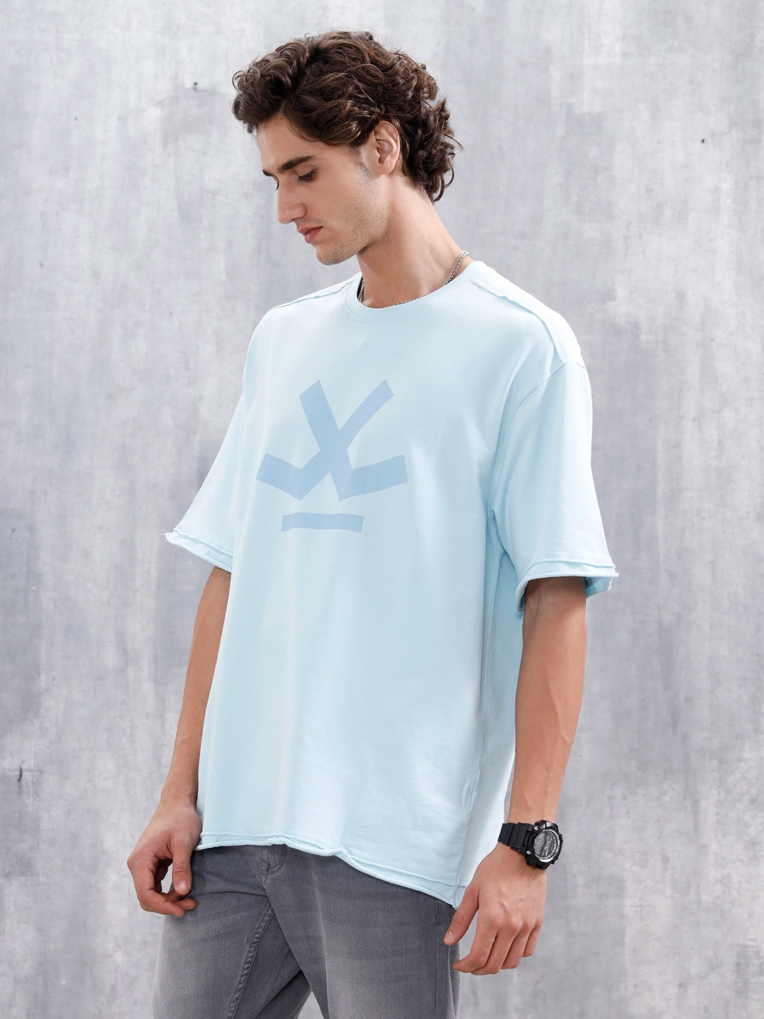 Wrogn Logo Raw-Edged Tee | Light Blue