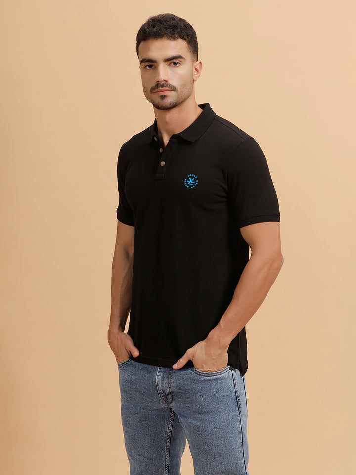 Wrogn Crest Print Polo T-Shirt | Black