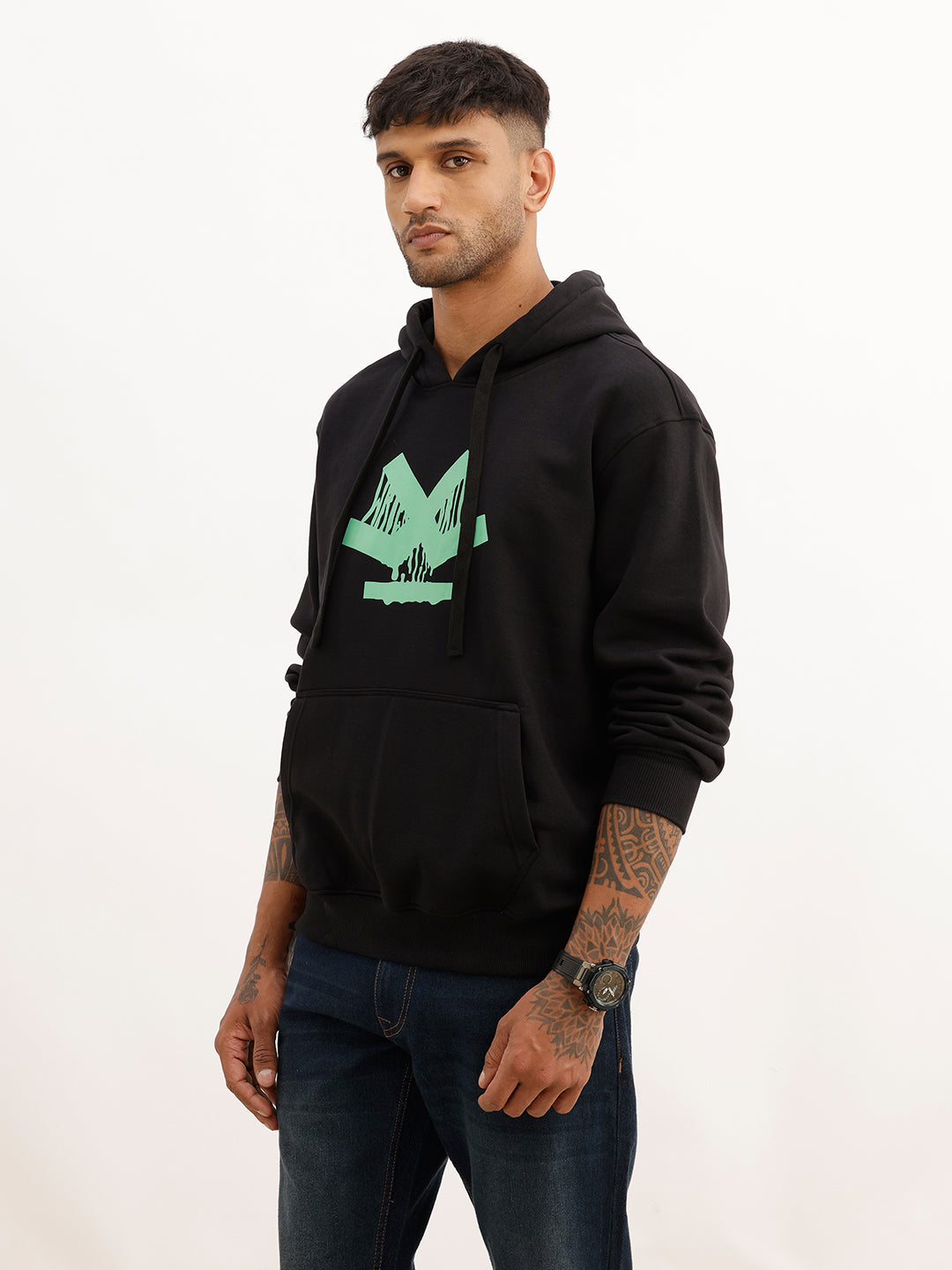 Comfort Fit Placement Printed Hoodie | Black