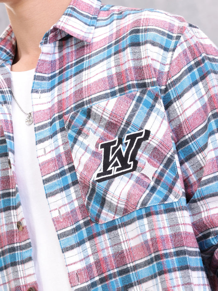 Textured Checkered Patchwork Shirt | Blue