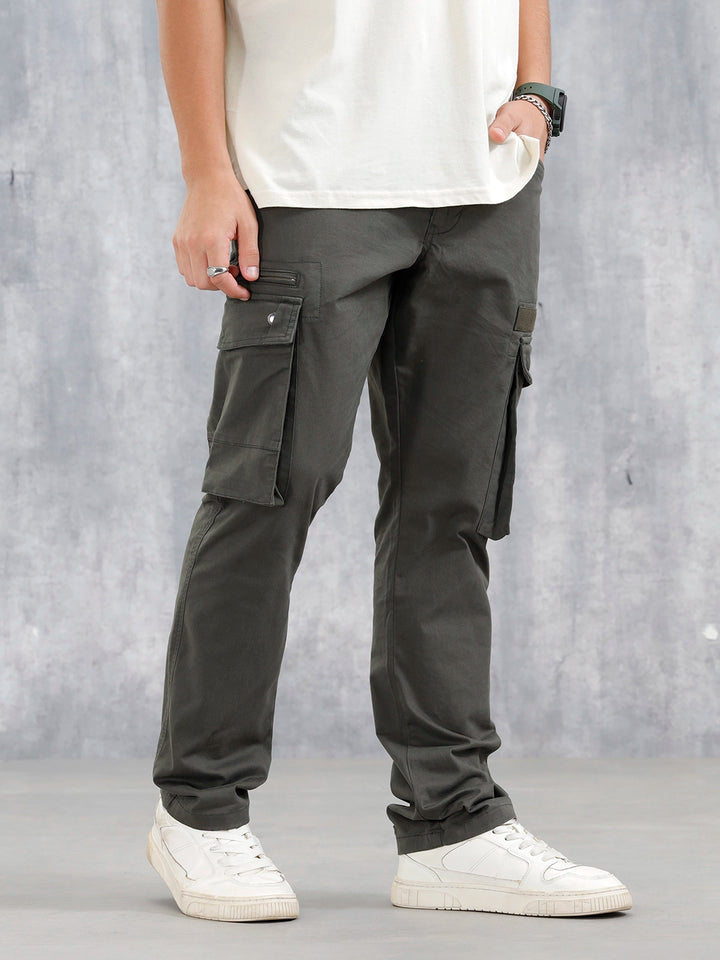 Straight Fit Cotton Twill Utility Trousers With Snap Pockets | Light Olive