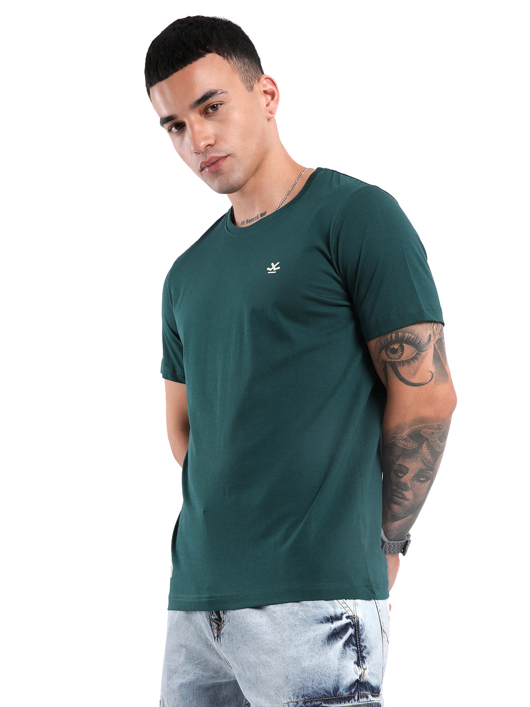 Solid Green Logo Print T-Shirt