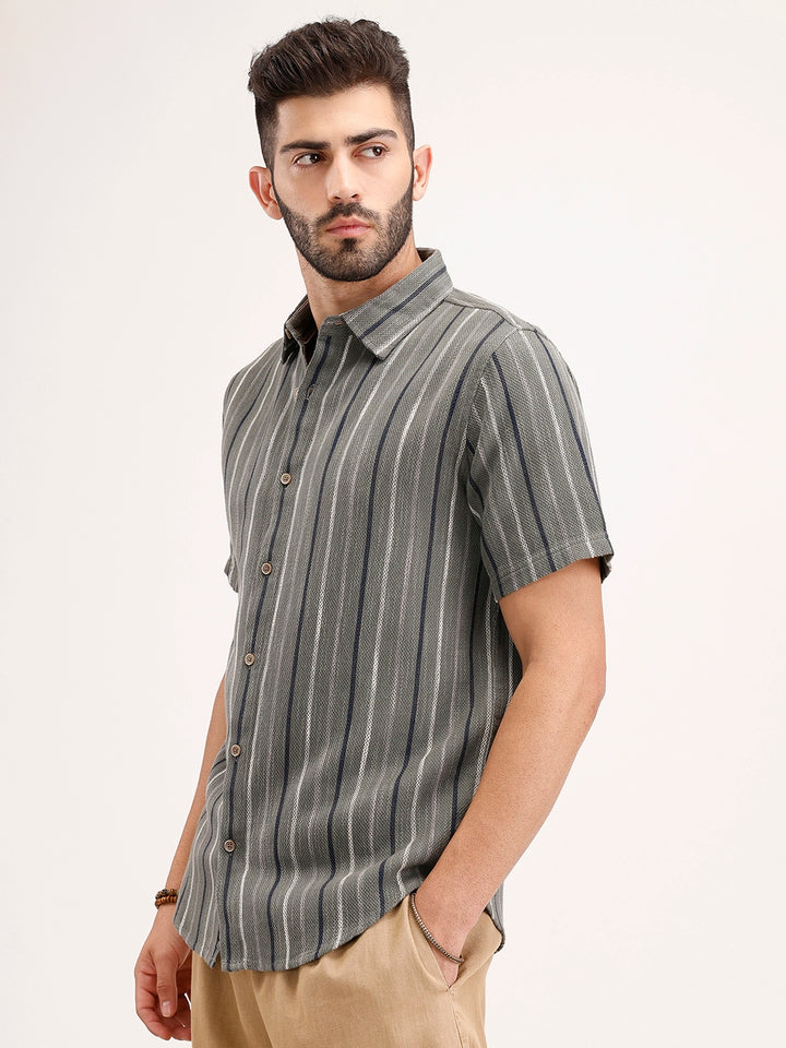 Slim Fit Striped Half Sleeve Shirt | Olive