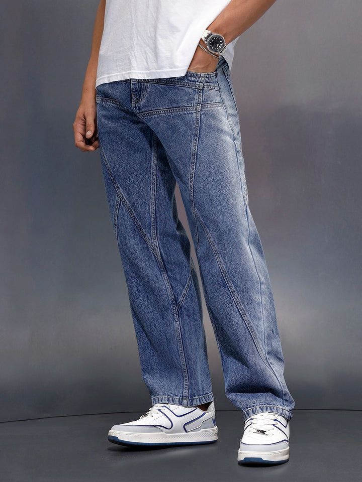 Men's loose fit jeans with cut & sew detail  | Blue