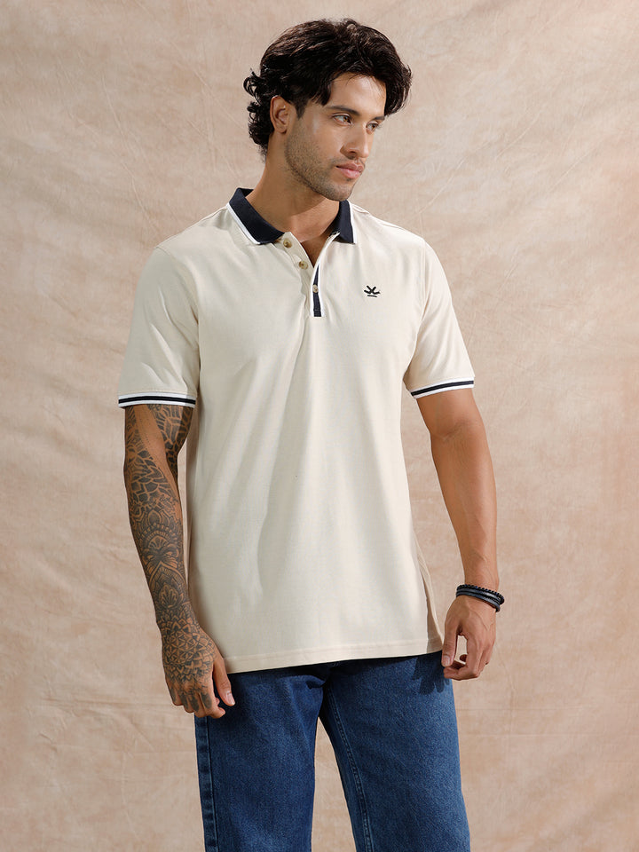 Stripped Collar Slim Fit Polo T-Shirt | Beige