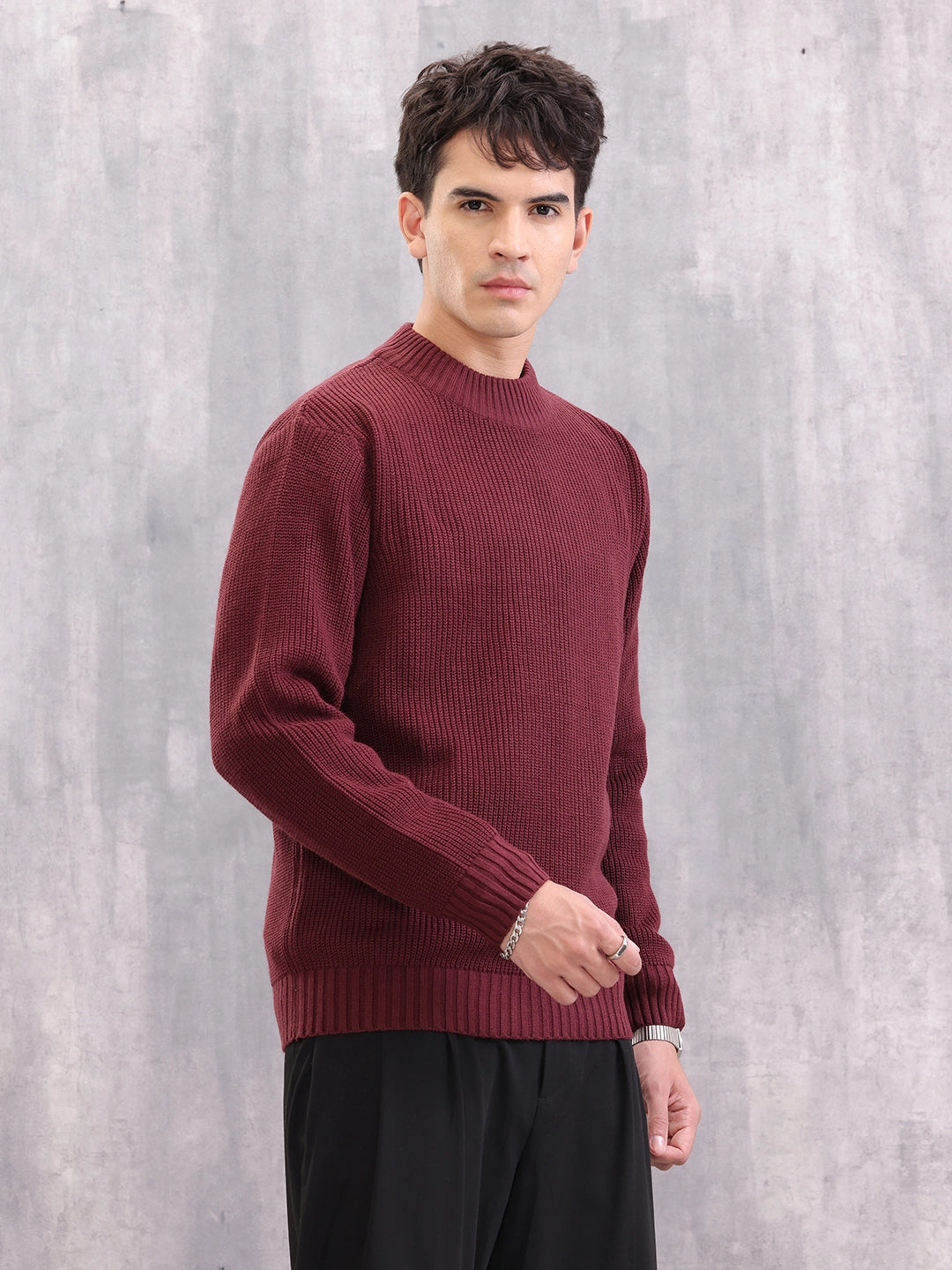 Structured Round Neck Comfort Fit Pullover | Wine
