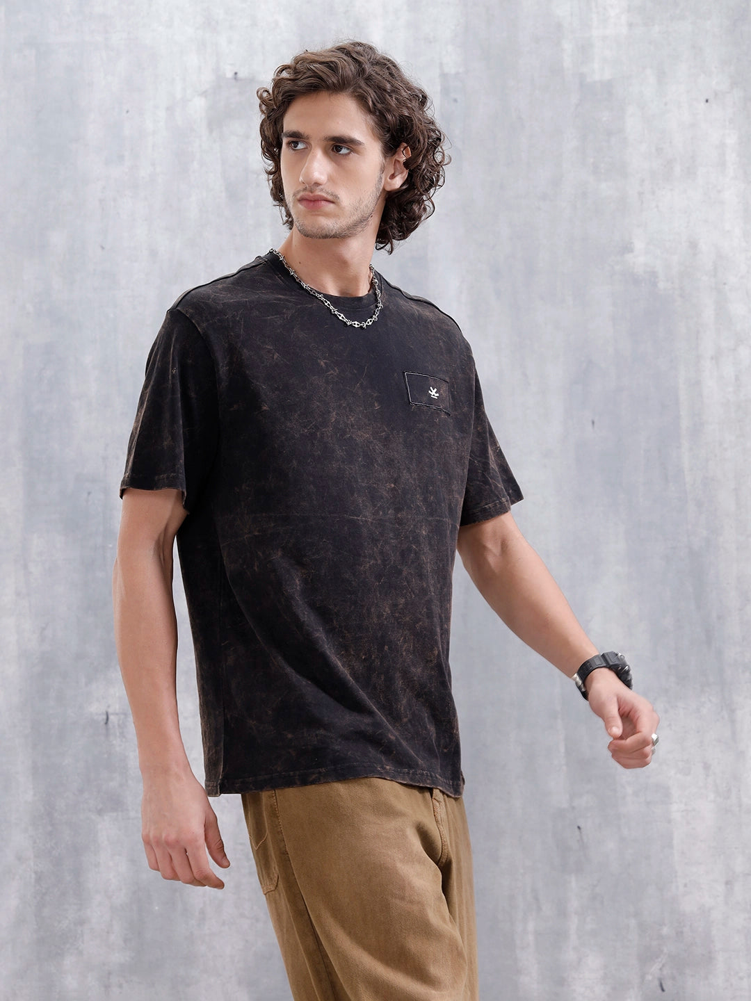 Washed Oversized Fit Tee With Logo Embroidery Patch | Black