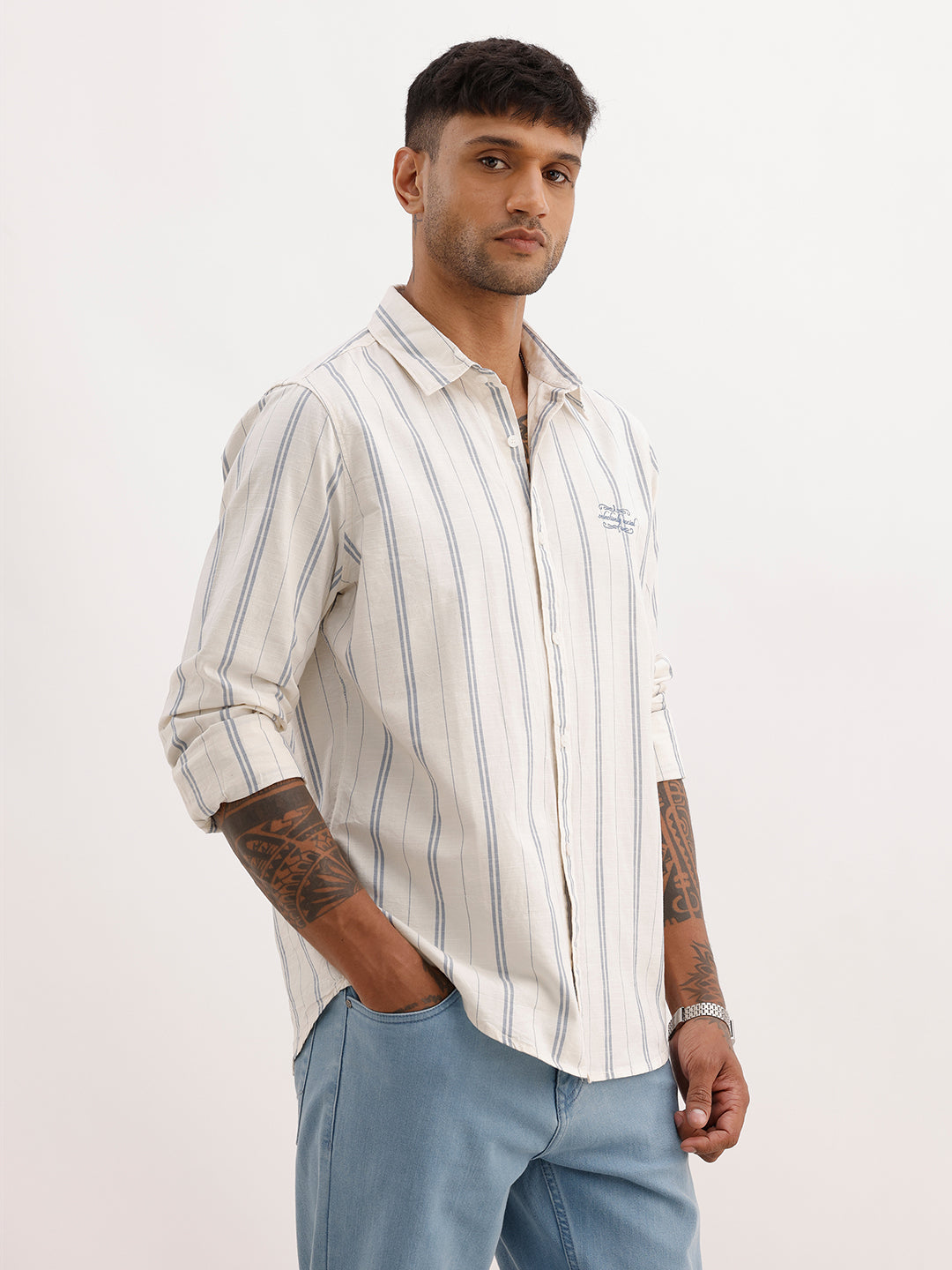 Slim Fit Embroidered Detail Striped Shirt | Off White