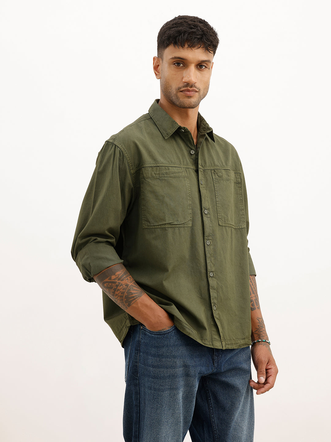 Solid Double Pocket Full Sleeve Shirt | Olive | WSH01FSCM7039W