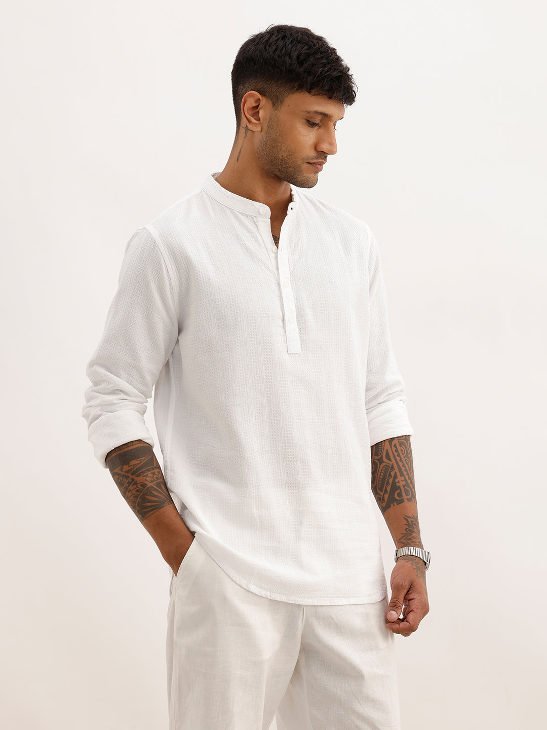 Textured Slim Fit Mandrin Collar Shirt | White