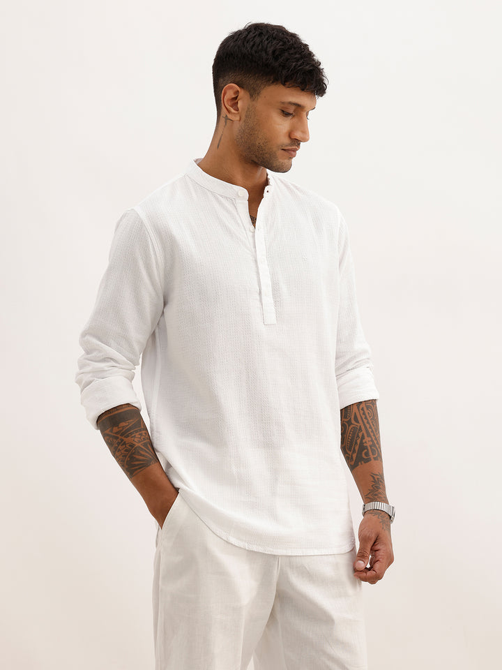 Textured Slim Fit Mandrin Collar Shirt | White