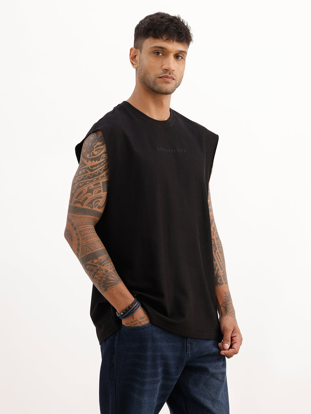 Oversized Fit Cut Off Sleeves T-Shirt | Black