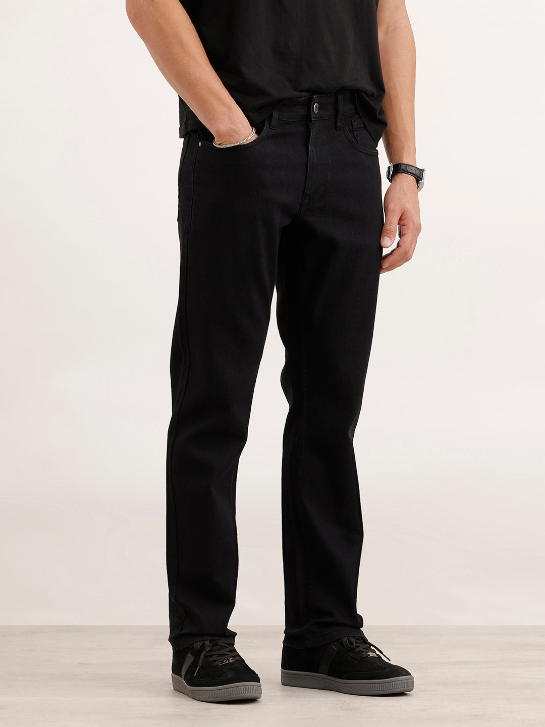 Straight Fit Solid Denim Jeans  | Black