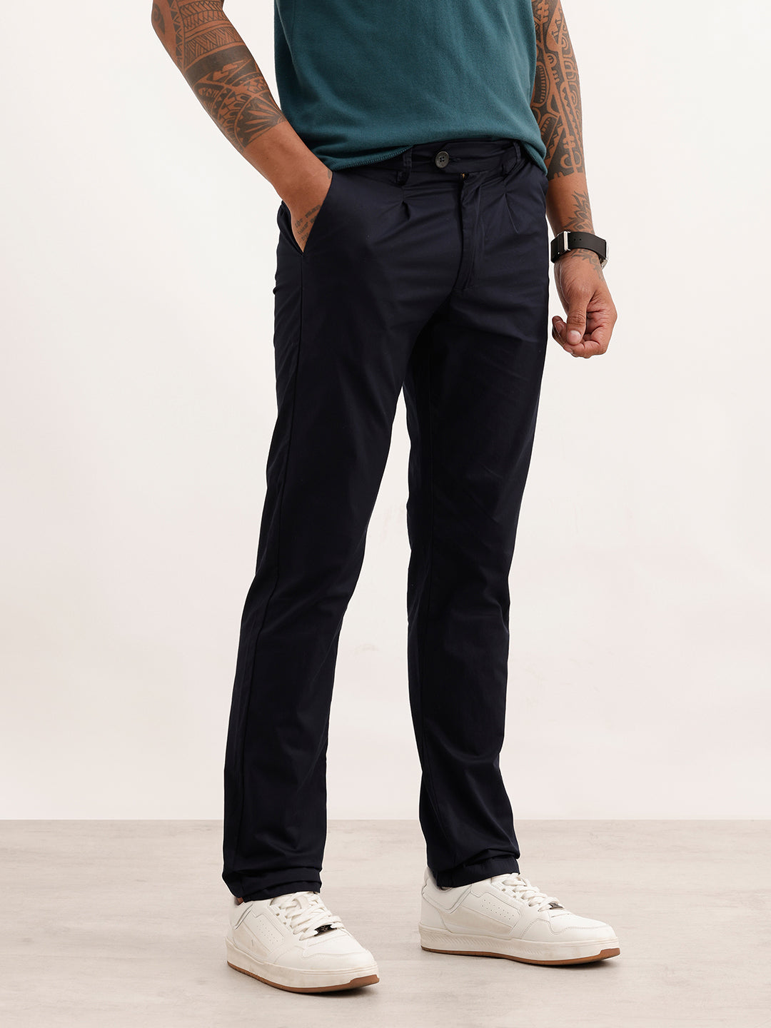 Solid Slim Fit Pleated Trouser | Navy Blue