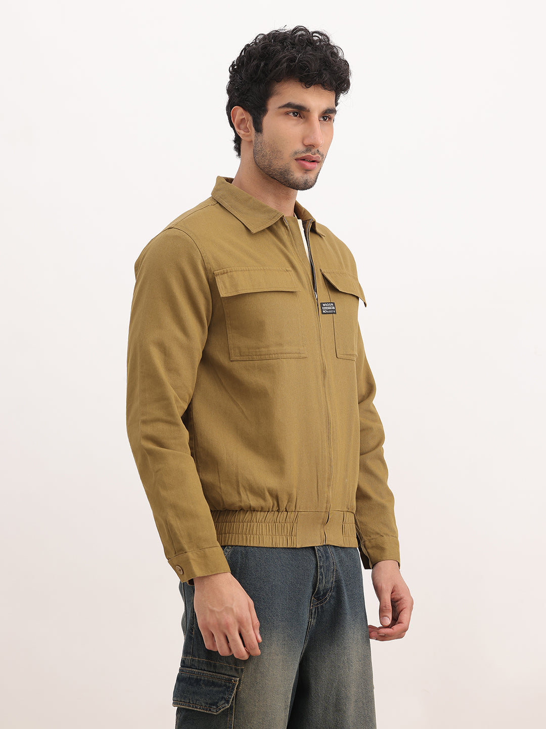 Solid Comfort Fit Double Pocket Jacket | Khaki