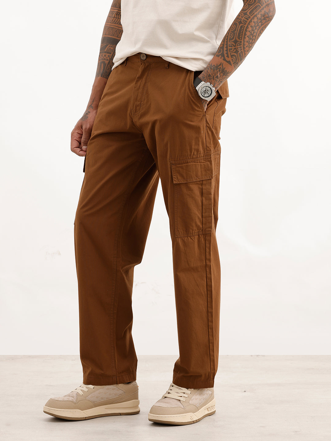 Solid Loose Fit Cargo Trouser | Brown