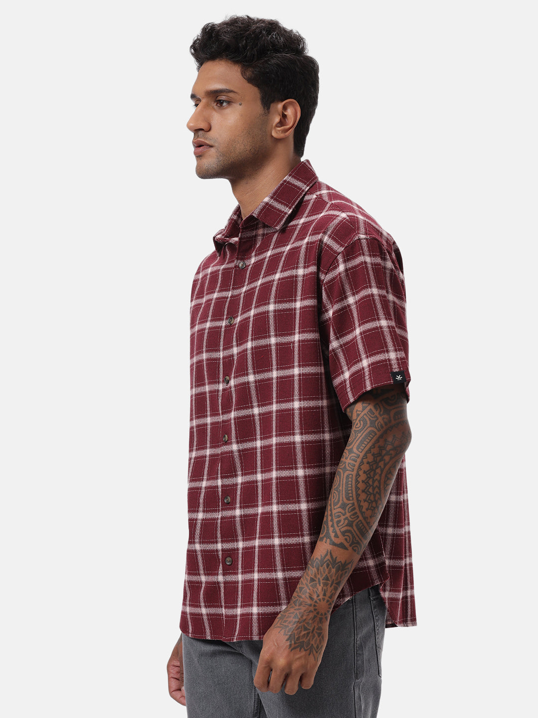 Maroon and White Checkered Casual Shirt