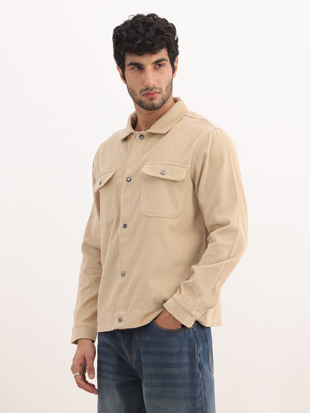 Solid Regular Fit Double Pocket Corduroy Jacket | Beige