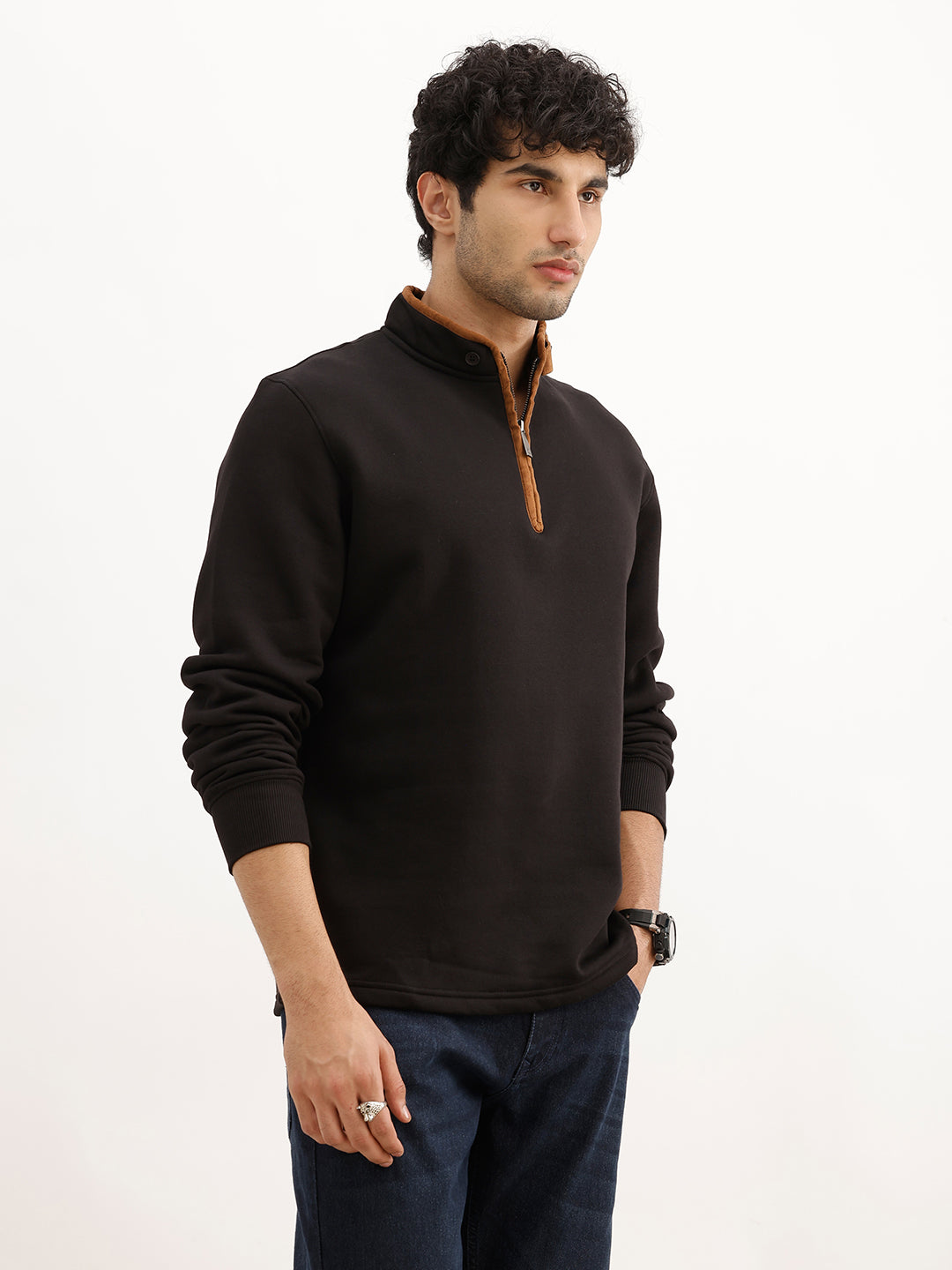 Solid Contrast Quarter Zipper Sweatshirt | Black