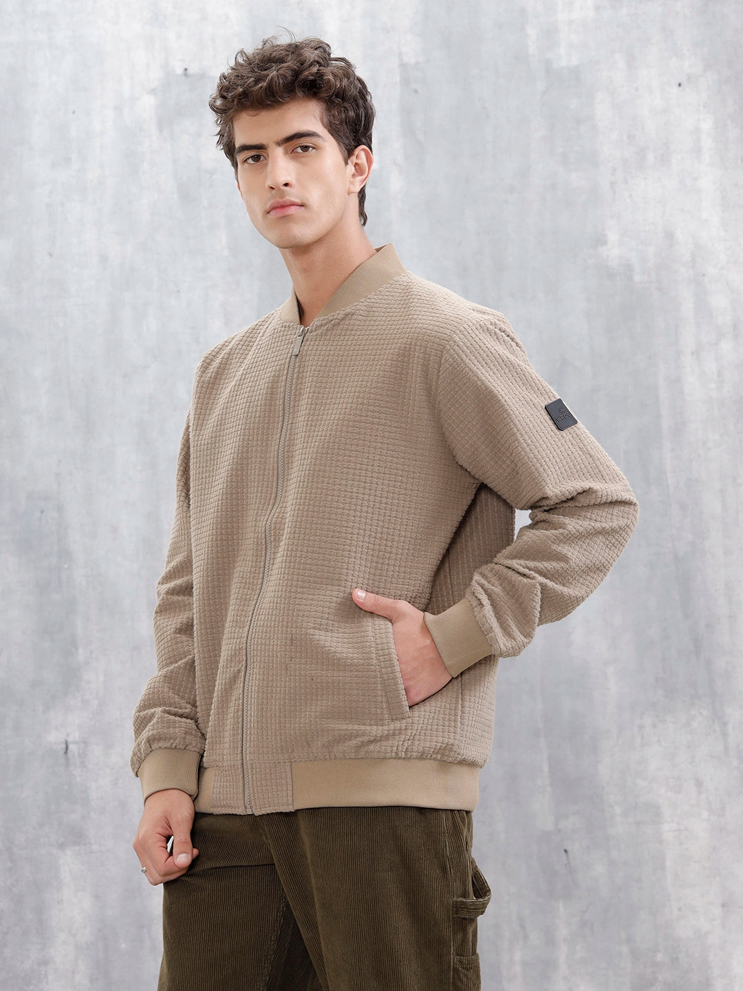 Men’s Textured Casual Bomber Jacket | Beige