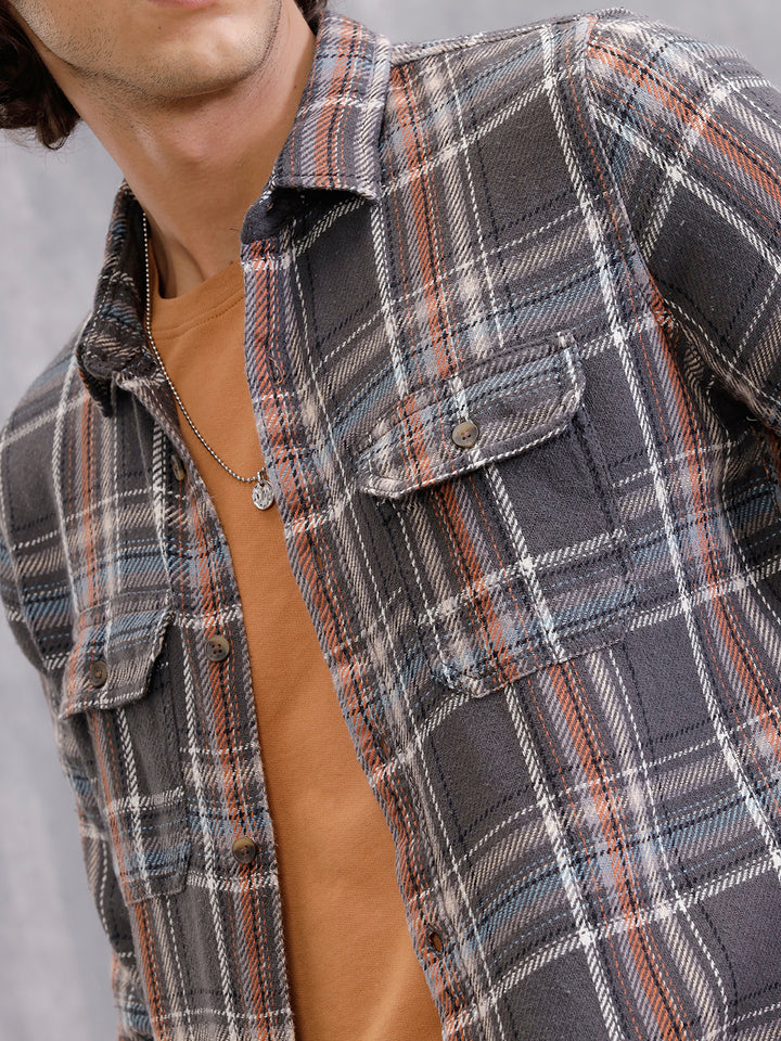 Textured Utility Check Shirt In Slim Fit  | Dark Grey