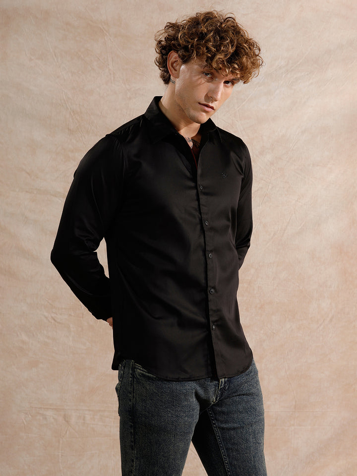 Solid Stretch Cotton Blend Shirt | Black