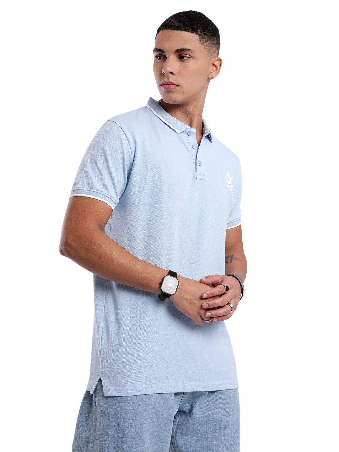 Solid Blue Logo Embroidered Polo T-Shirt