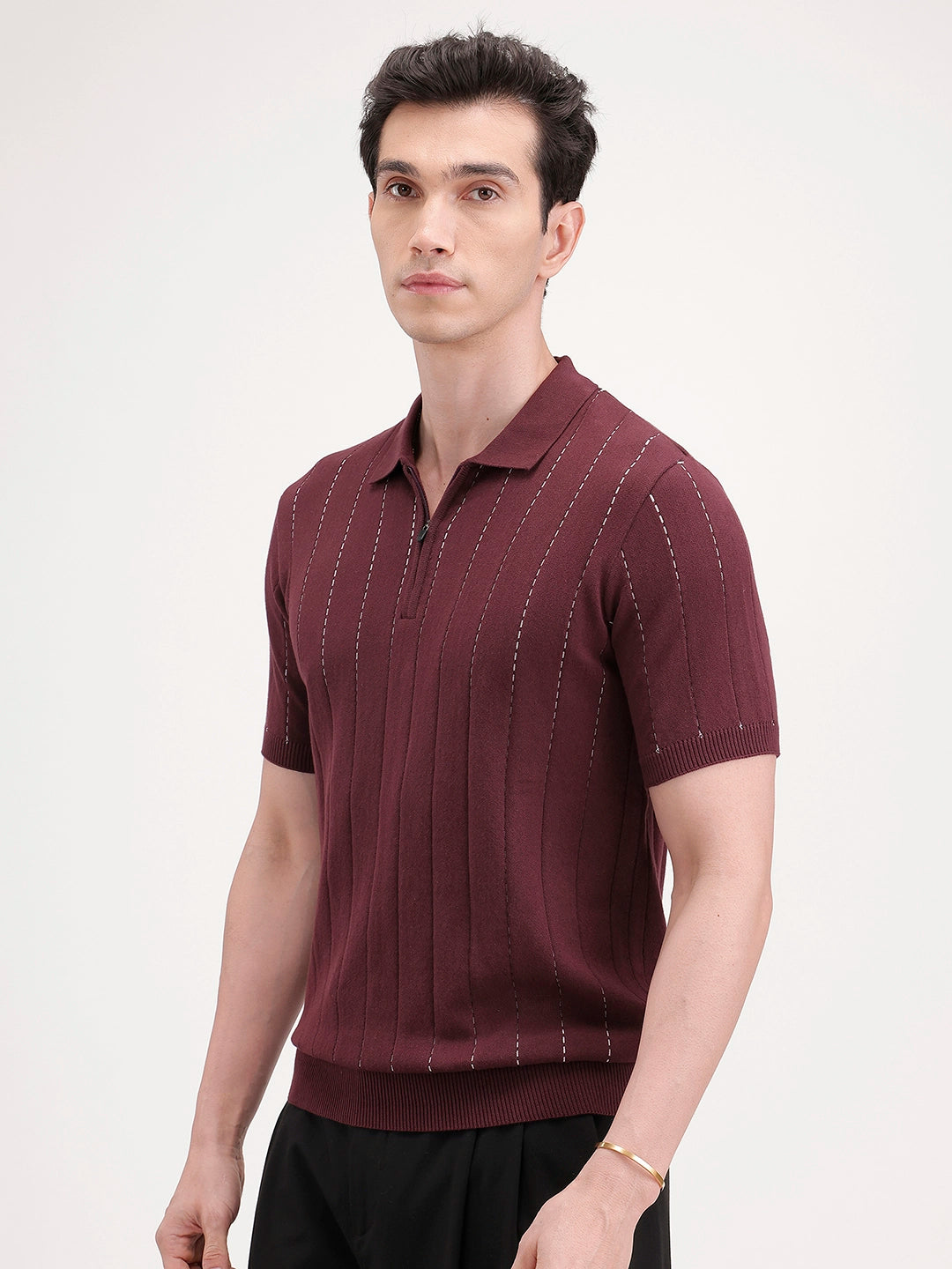 Slim Fit Flat Knit Polo T-Shirt | Maroon