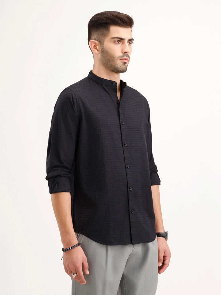 Regular Fit Mandarin Collar Textured Shirt | Black