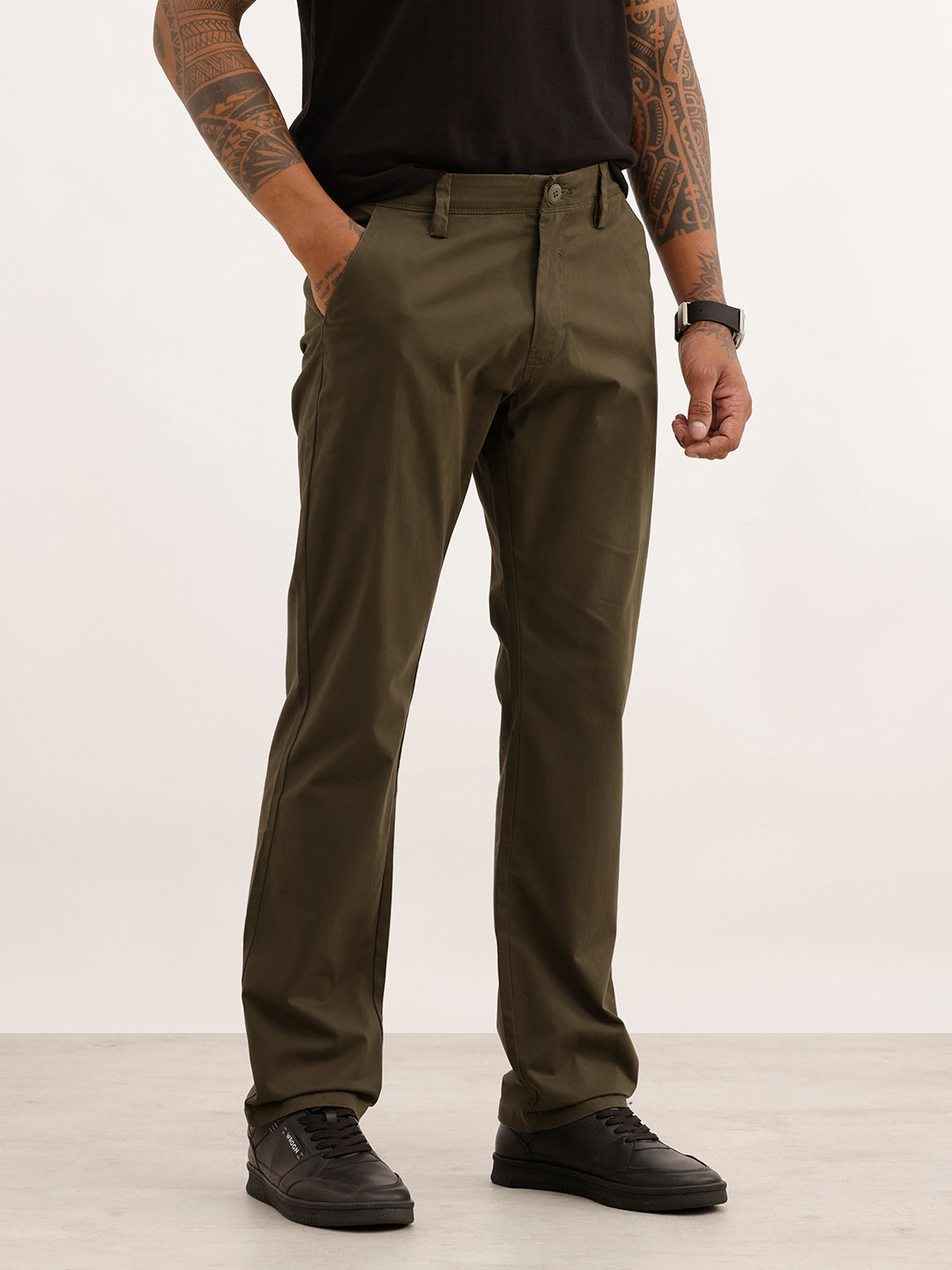 Straight Fit Solid Trouser | Olive