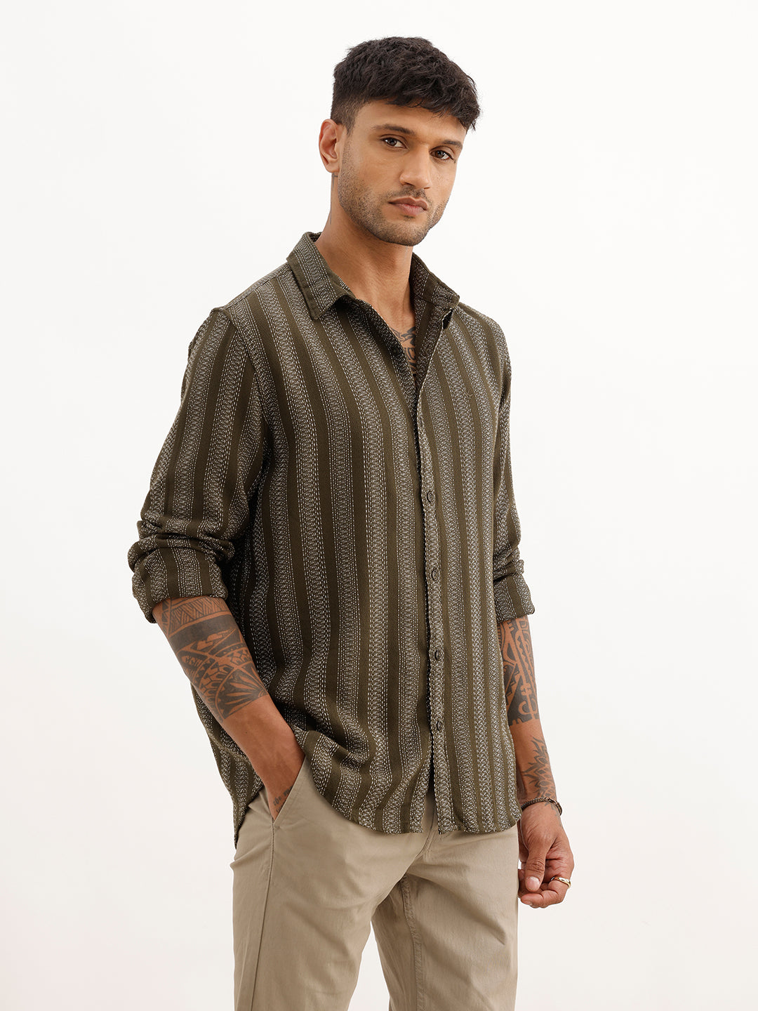 Textured Slim Fit Striped Shirt | Olive