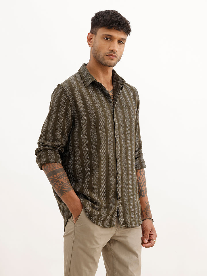 Textured Slim Fit Striped Shirt | Olive