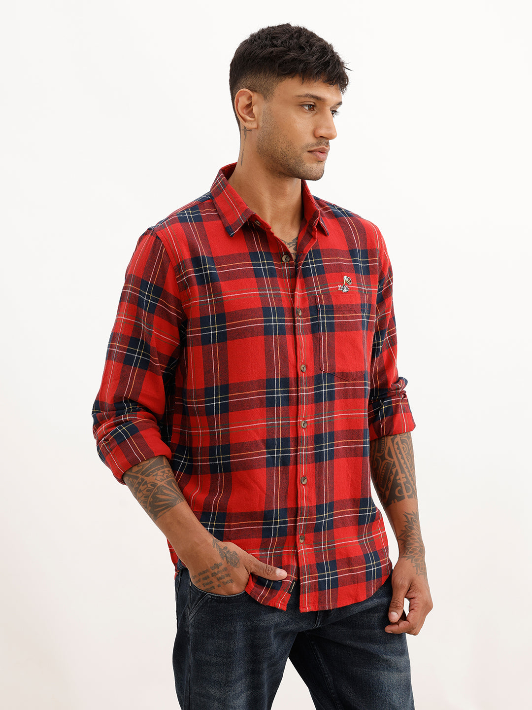 Slim Embroidery Detail Checkered Shirt | Red