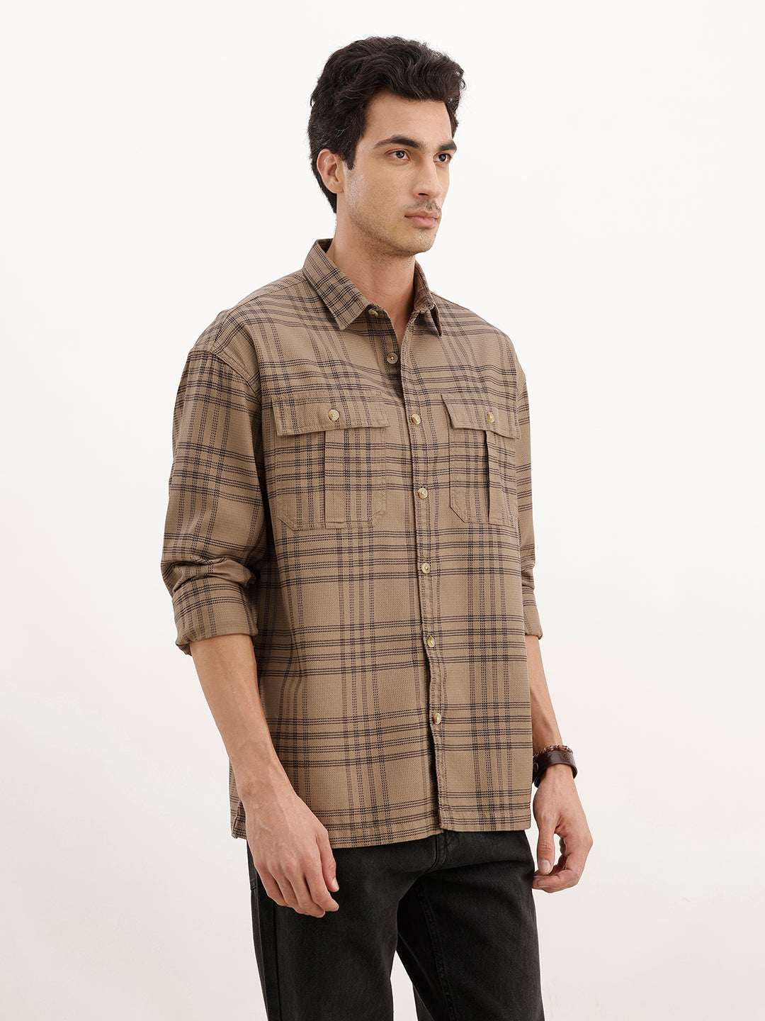 Oversized Double Pocket Checkered Shirt | Brown