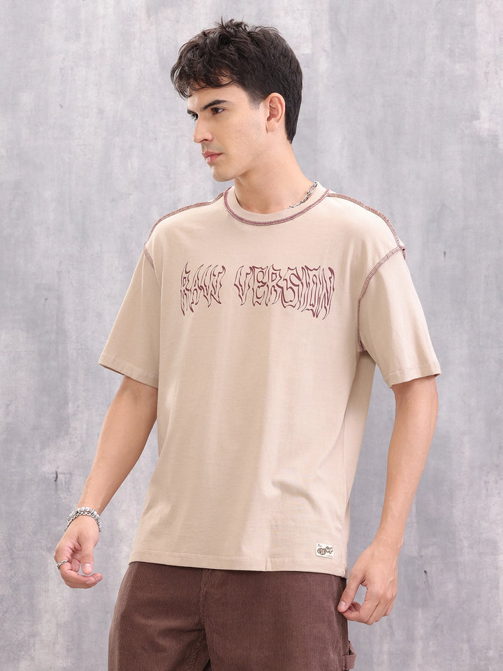 Contrast Stitch Detail Goth Inspired Oversized Fit T-shirt | Beige