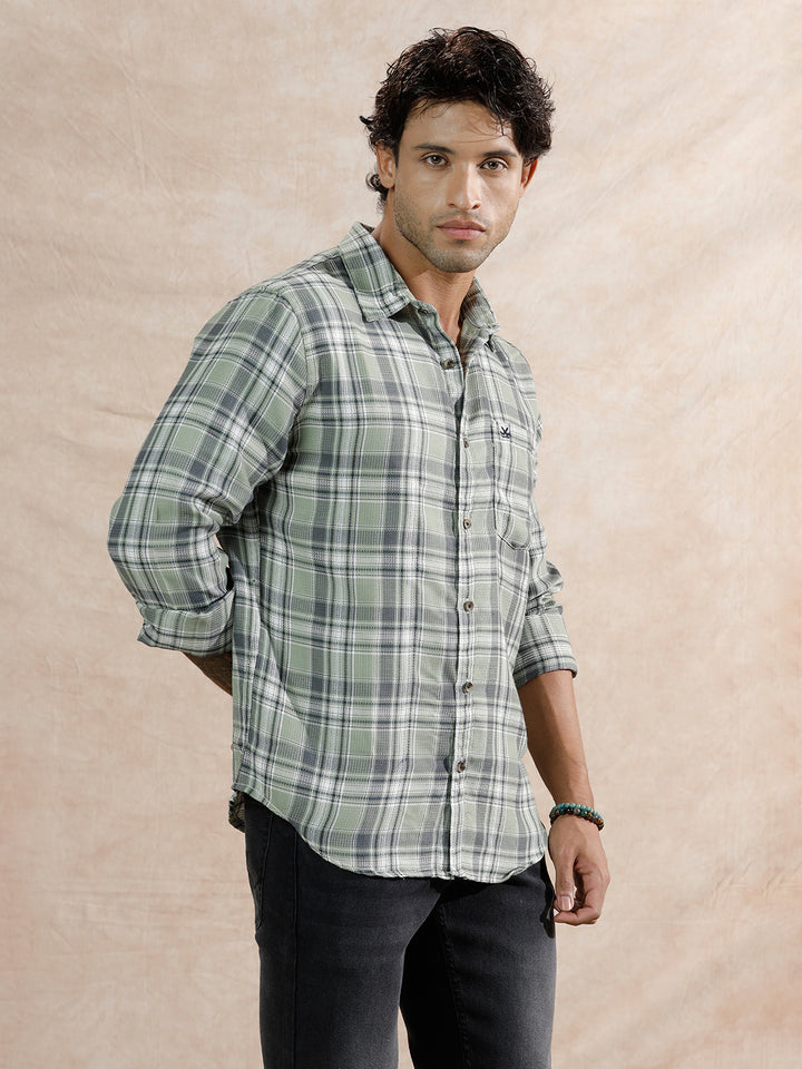 Dobby Textured Checks Regular Fit Shirt | Green