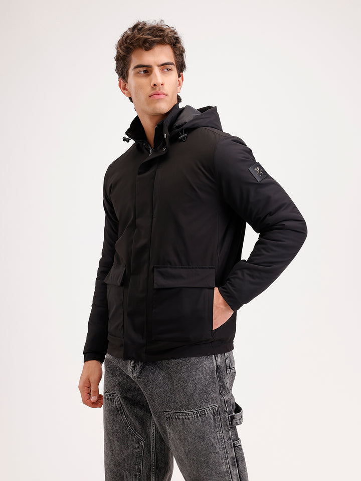 Slim Fit Double Pocket Hooded Jacket  | Black