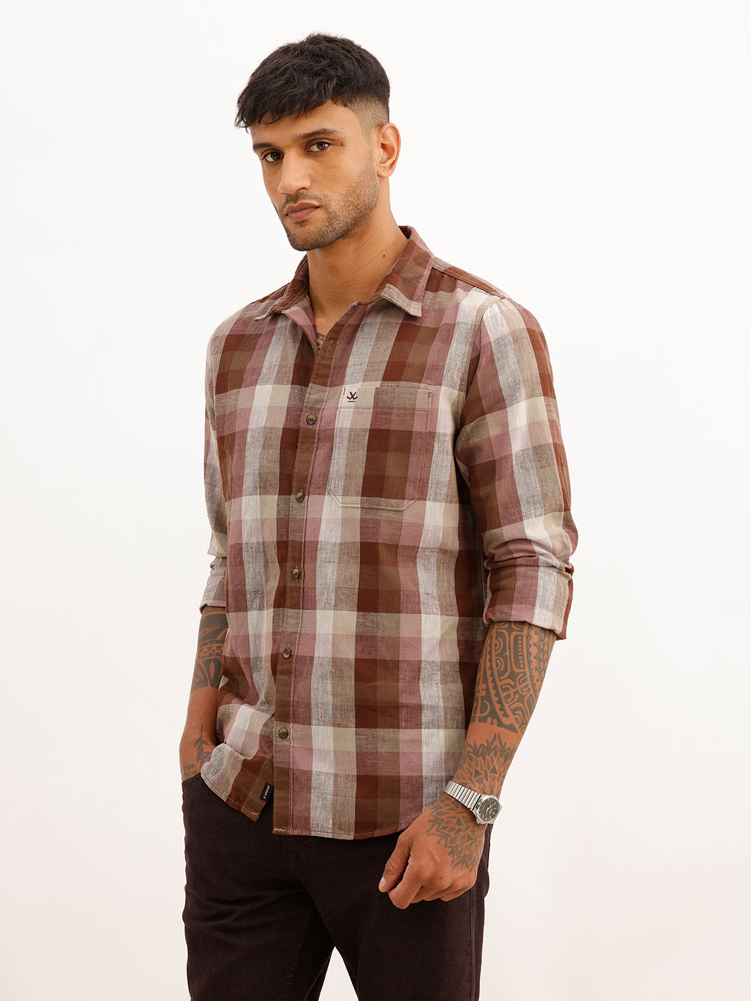 Classic Checkered 100% Polyester Shirt | Brown